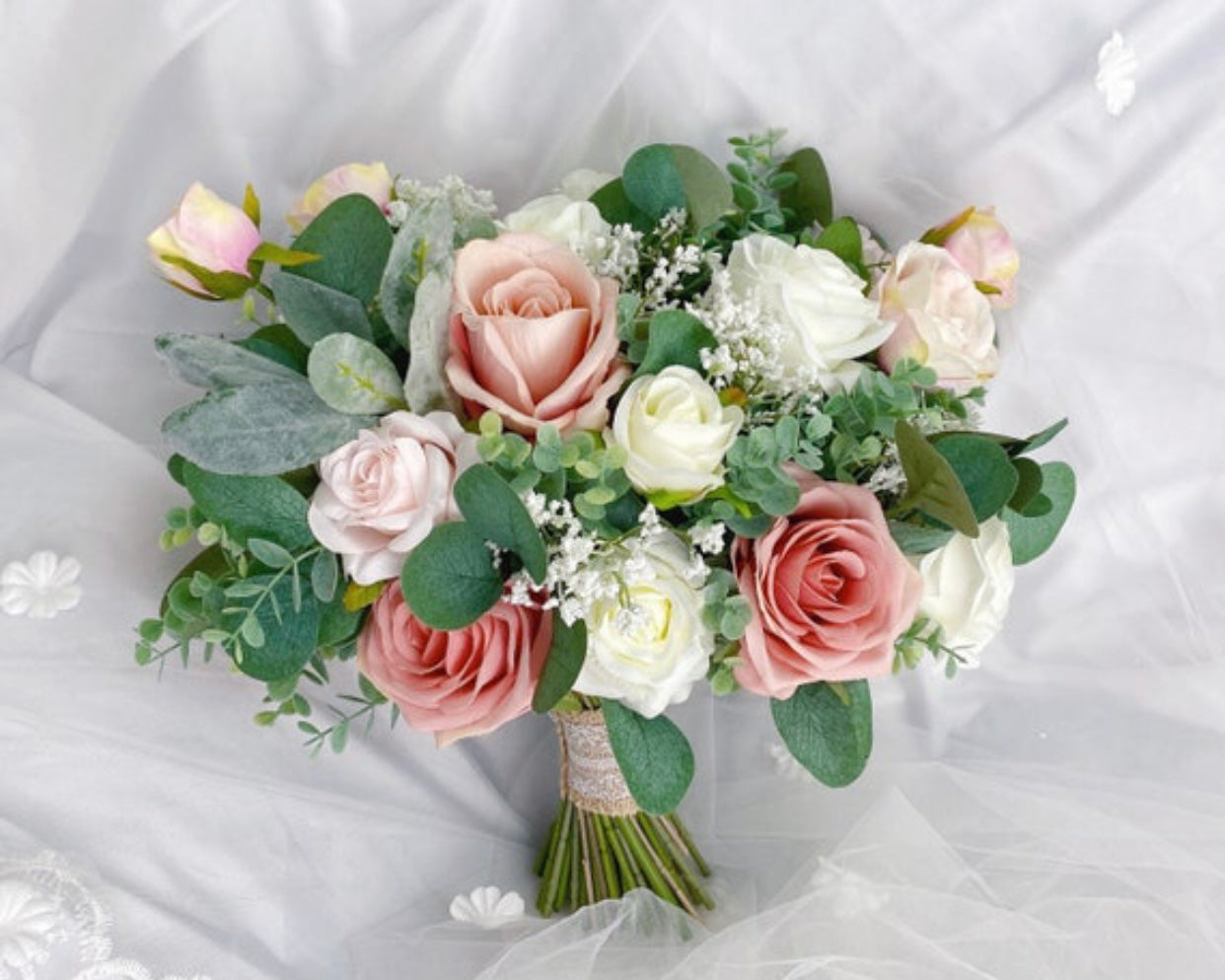 Wedding Bouquet, Dusty Rose, Blush Pink, White Cream, Rose Eucalyptus Bouquet, Boho Bouquets, Bridal Bridesmaids Bouquet