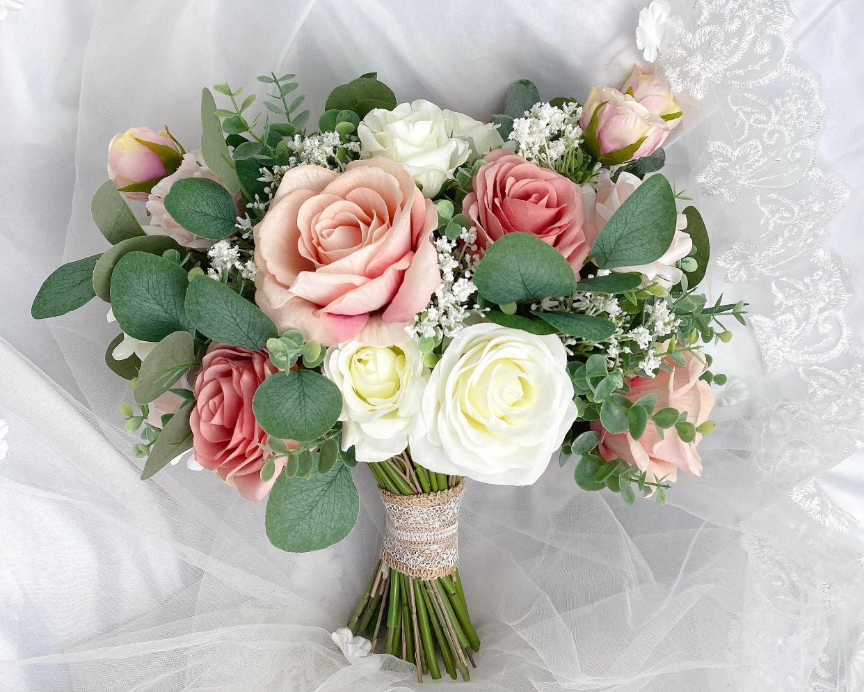 Wedding Bouquet, Dusty Rose, Blush Pink, White Cream, Rose Eucalyptus Bouquet, Boho Bouquets, Bridal Bridesmaids Bouquet