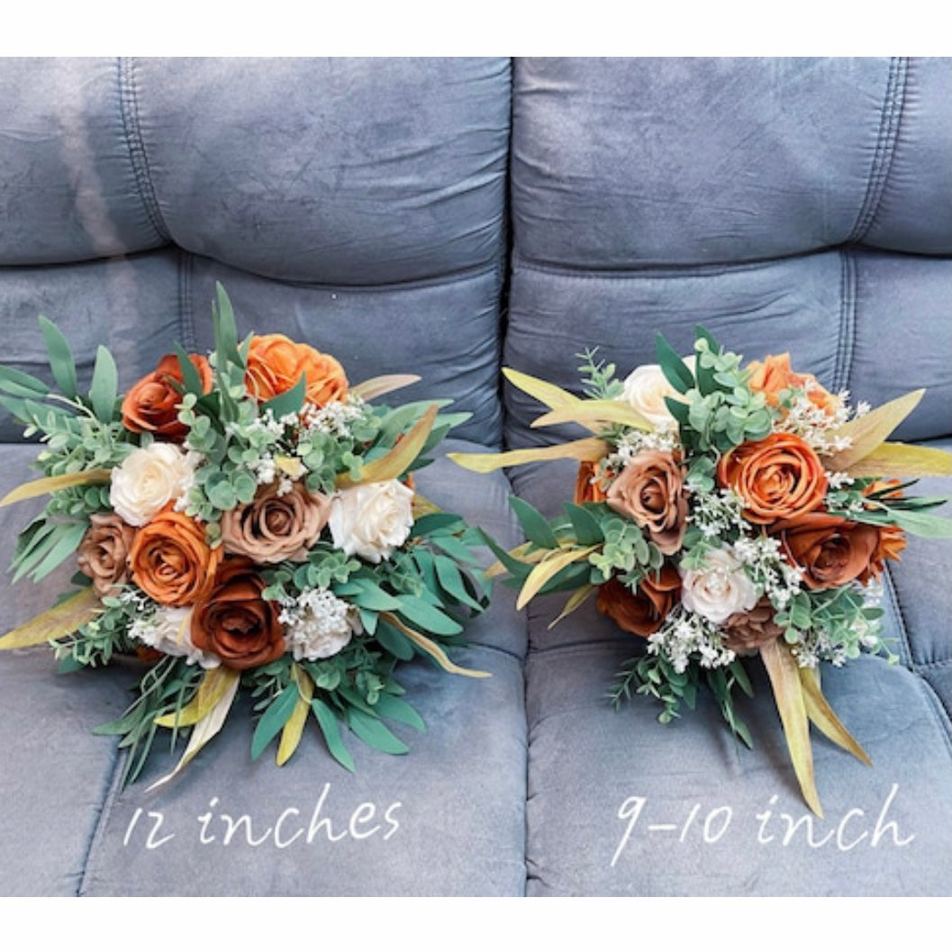Burnt Orange, Ivory, Wedding Bouquets, Tan, Sage Green Bridal Bridesmaids Bouquets, Fall Winter Wedding Bouquet