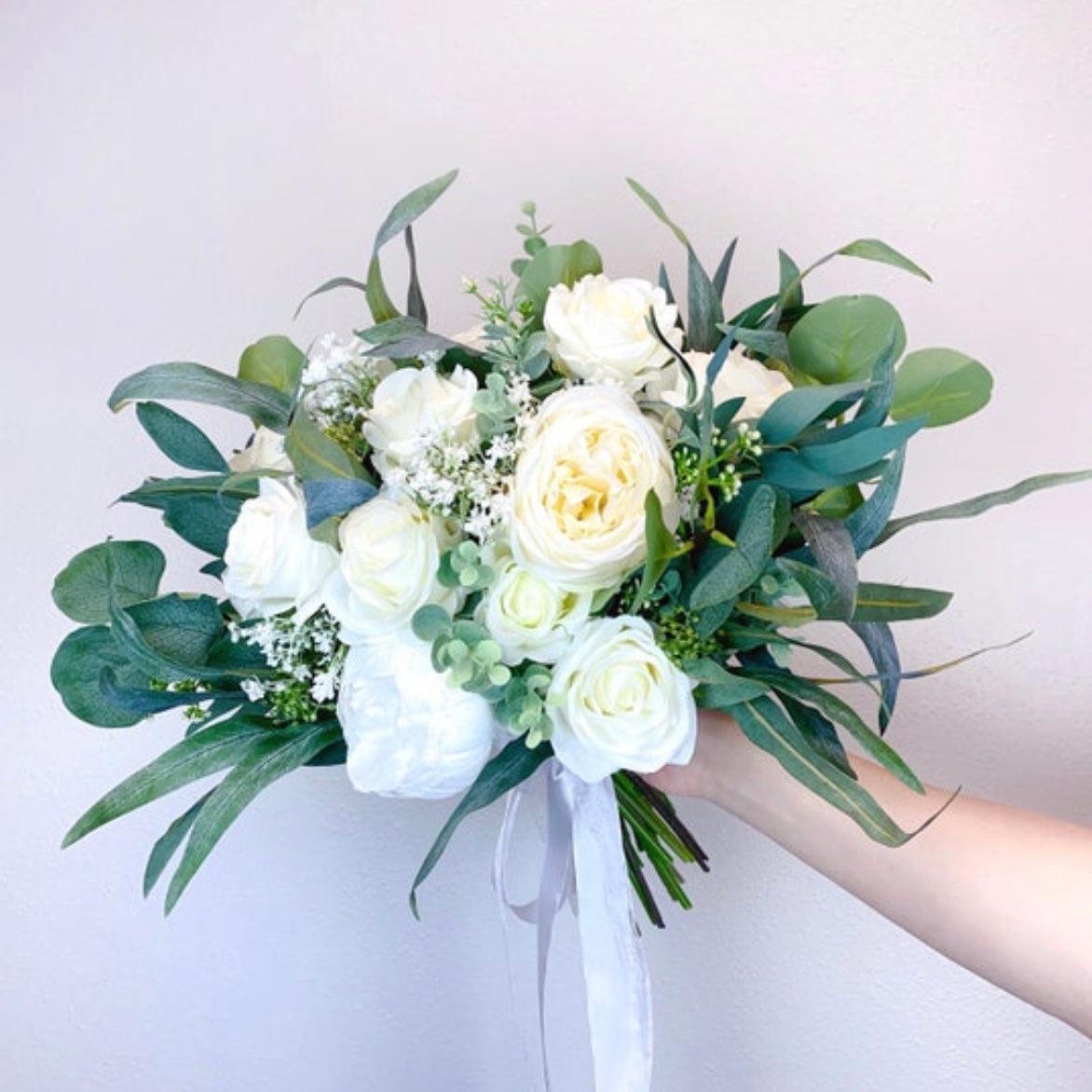 White Peonies, White Rose, Cream White Greenery Wedding Bouquet, Bridesmaids Bouquet, Eucalyptus Bouquet