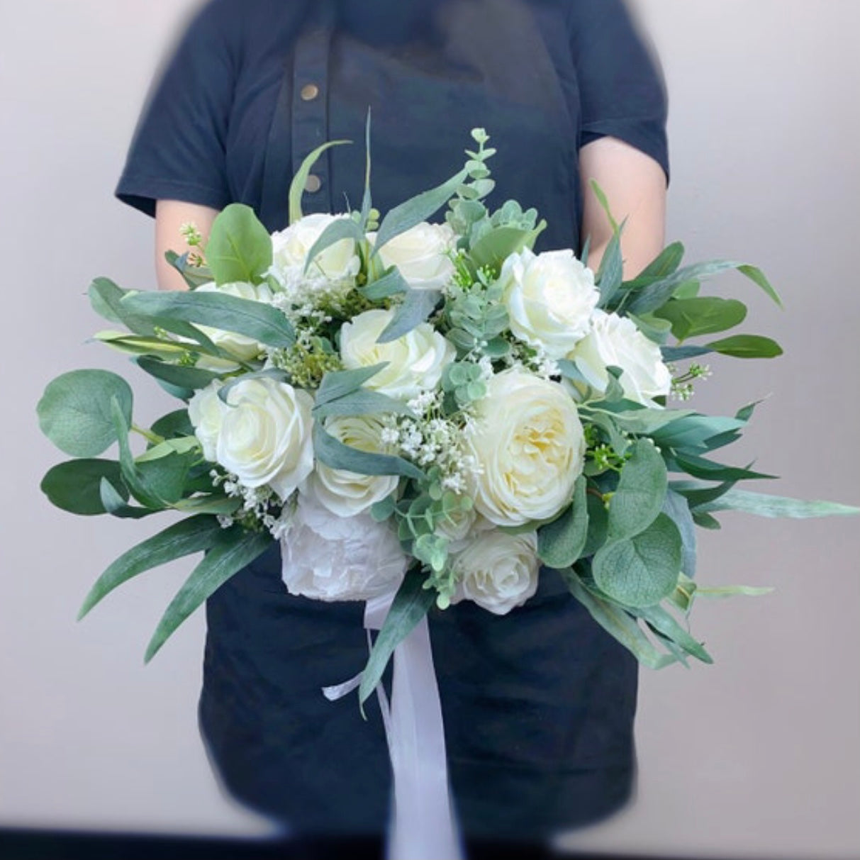 White Peonies, White Rose, Cream White Greenery Wedding Bouquet, Bridesmaids Bouquet, Eucalyptus Bouquet