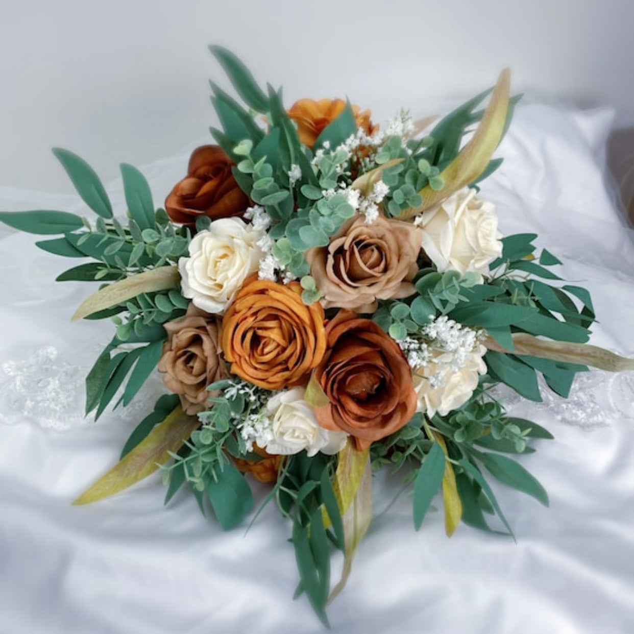 Burnt Orange, Ivory, Wedding Bouquets, Tan, Sage Green Bridal Bridesmaids Bouquets, Fall Winter Wedding Bouquet