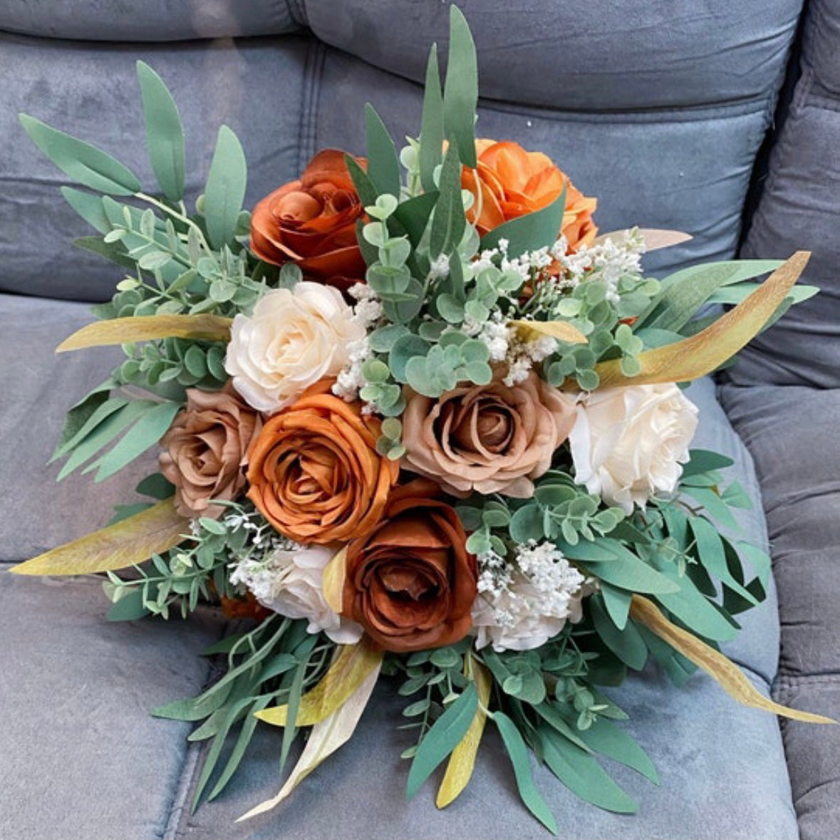 Burnt Orange, Ivory, Wedding Bouquets, Tan, Sage Green Bridal Bridesmaids Bouquets, Fall Winter Wedding Bouquet