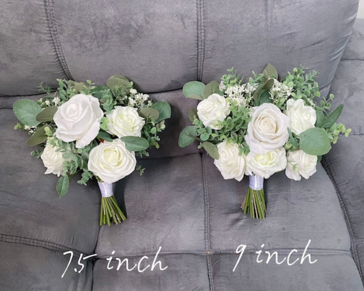 White & Greenery Bouquet, Wedding Bouquet, Boho Bouquets, Bridal Bridesmaids Bouquet, Spring Wedding Bouquet, Baby’s Breath, Rose, Eucalyptus