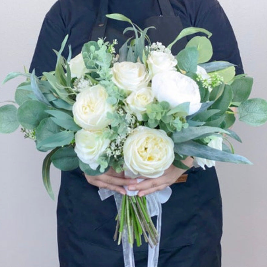 White Peonies, White Rose, Cream White Greenery Wedding Bouquet, Bridesmaids Bouquet, Eucalyptus Bouquet