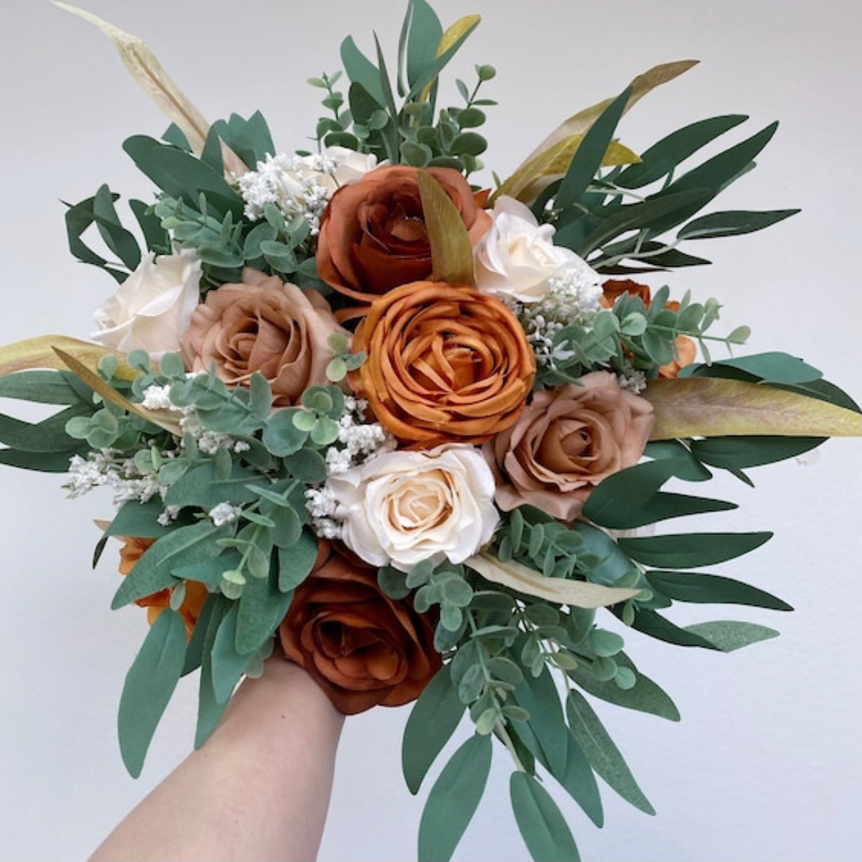 Burnt Orange, Ivory, Wedding Bouquets, Tan, Sage Green Bridal Bridesmaids Bouquets, Fall Winter Wedding Bouquet