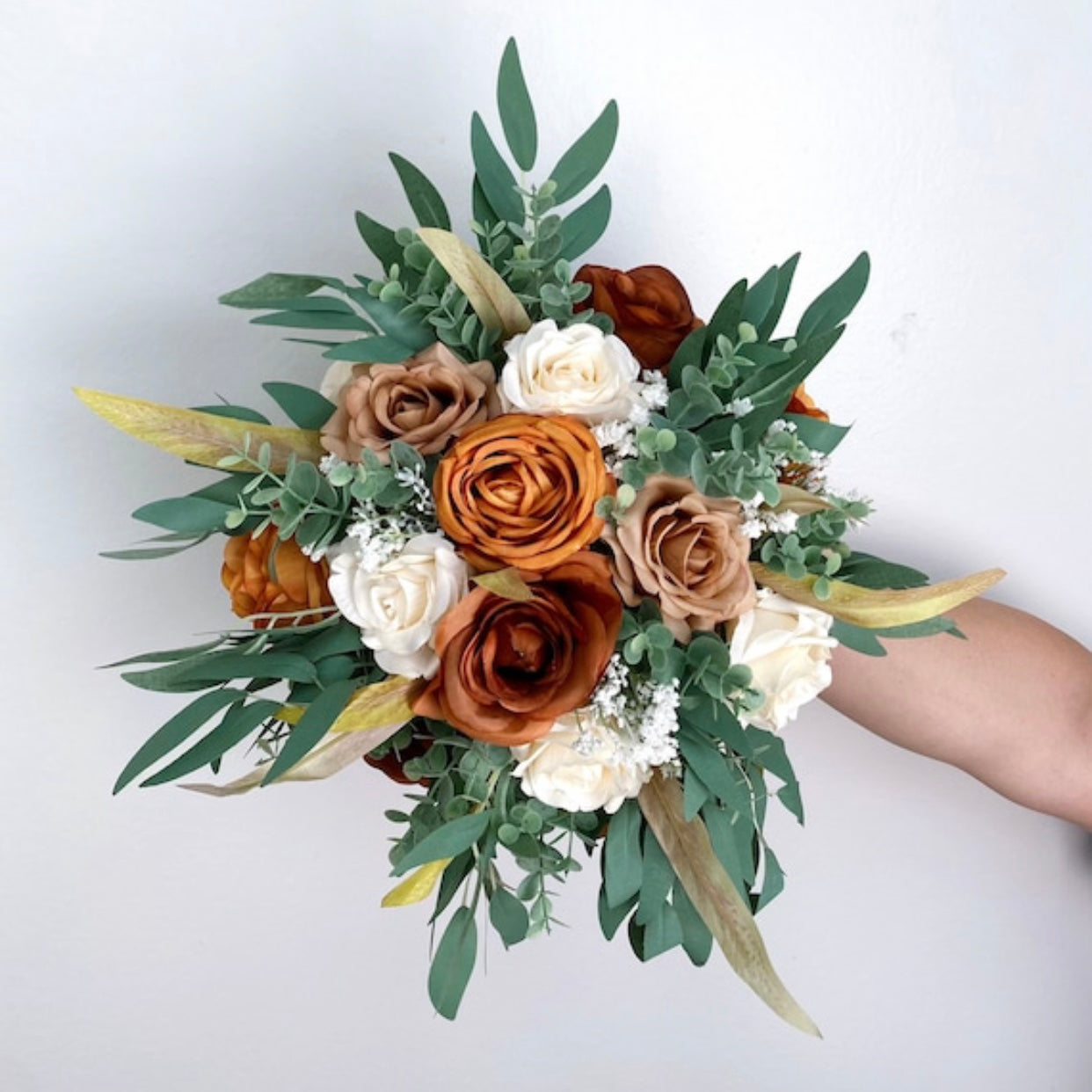 Burnt Orange, Ivory, Wedding Bouquets, Tan, Sage Green Bridal Bridesmaids Bouquets, Fall Winter Wedding Bouquet