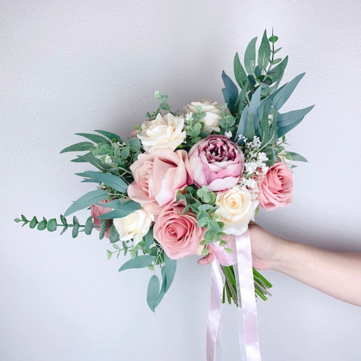 Wedding Bouquet, Dusty Rose, Blush Pink, Mauve, Ivory, Rose Peonies Eucalyptus Bouquet, Boho Bouquets, Bridal Bridesmaids Bouquet