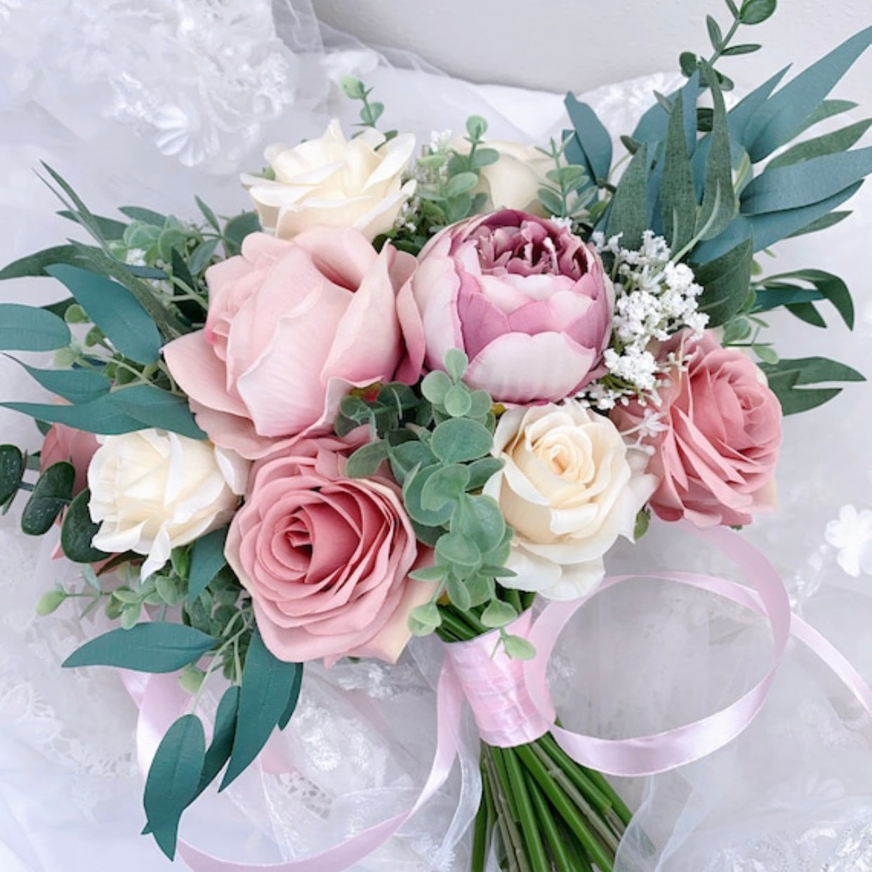 Wedding Bouquet, Dusty Rose, Blush Pink, Mauve, Ivory, Rose Peonies Eucalyptus Bouquet, Boho Bouquets, Bridal Bridesmaids Bouquet