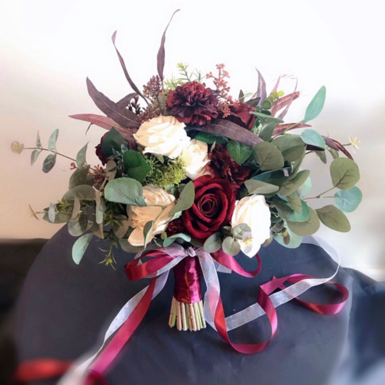 Wedding Bouquet, Burgundy and Ivory Bouquet, Boho Bouquet, Bridal Bridesmaids Bouquet, Rose and Eucalyptus