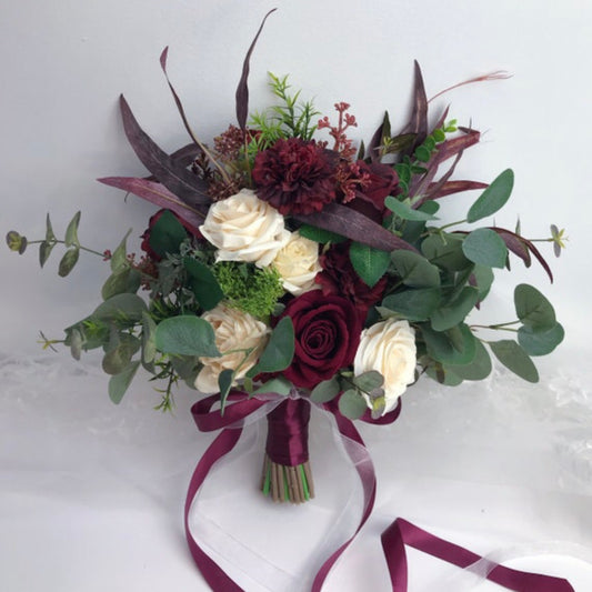 Wedding Bouquet, Burgundy and Ivory Bouquet, Boho Bouquet, Bridal Bridesmaids Bouquet, Rose and Eucalyptus