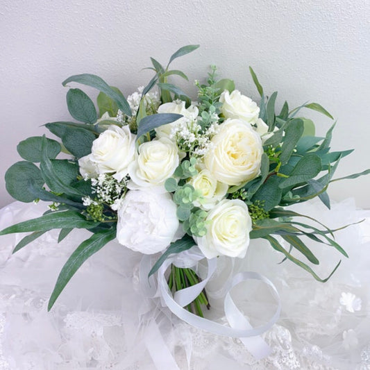 White Peonies, White Rose, Cream White Greenery Wedding Bouquet, Bridesmaids Bouquet, Eucalyptus Bouquet