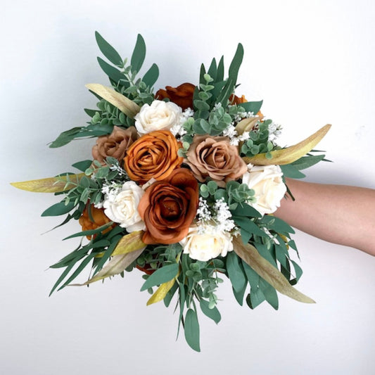 Burnt Orange, Ivory, Wedding Bouquets, Tan, Sage Green Bridal Bridesmaids Bouquets, Fall Winter Wedding Bouquet