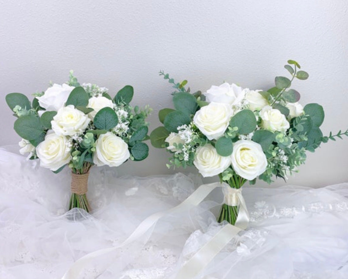 White Greenery Bridesmaids Bouquet, White Rose, Eucalyptus, Garden Wedding, Beach Wedding, Spring Wedding