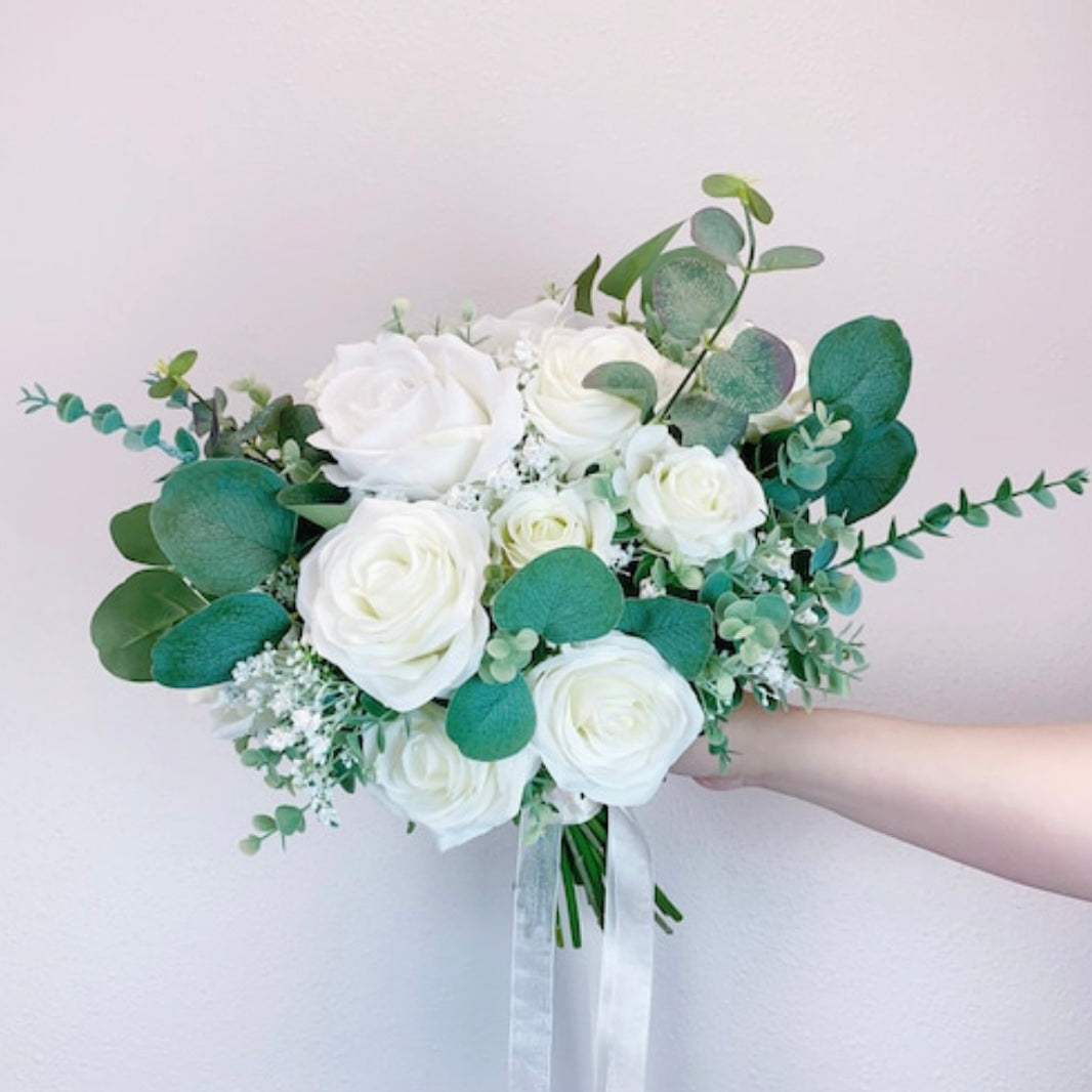 White Greenery Bridesmaids Bouquet, White Rose, Eucalyptus, Garden Wedding, Beach Wedding, Spring Wedding