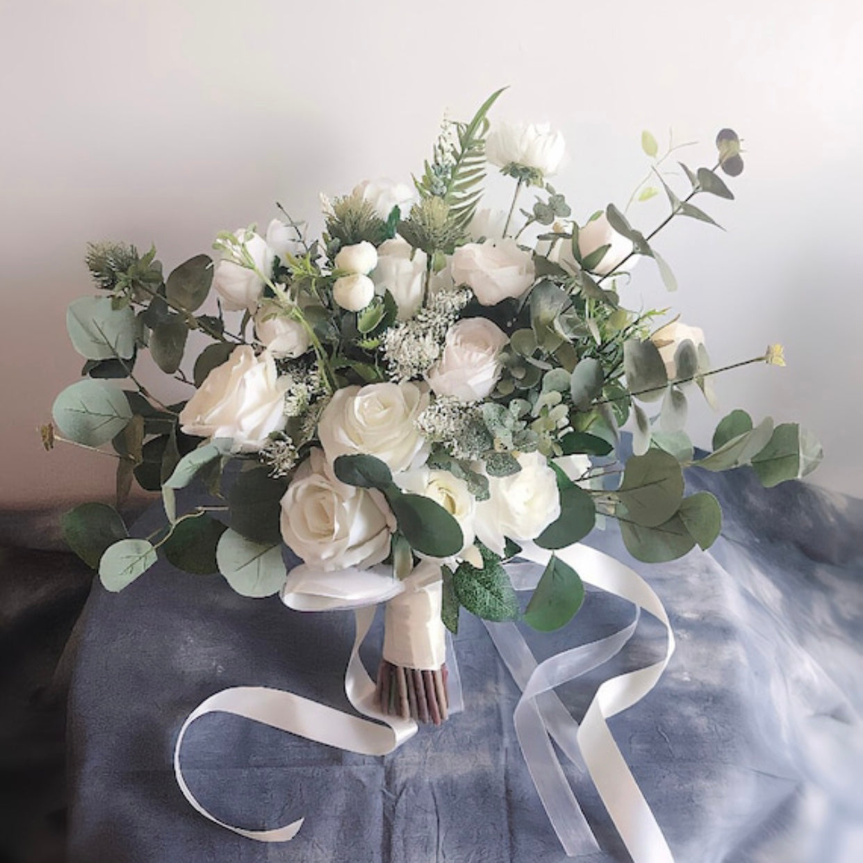 White & Greenery Bouquet, Wedding Bouquet, Boho Bouquets, Bridal Bridesmaids Bouquet, Spring Wedding Bouquet, Baby’s Breath, Rose, Eucalyptus