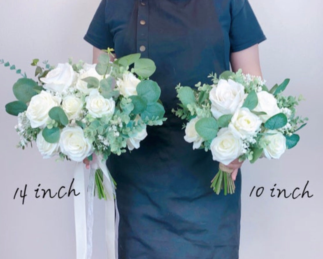 White Greenery Bridesmaids Bouquet, White Rose, Eucalyptus, Garden Wedding, Beach Wedding, Spring Wedding