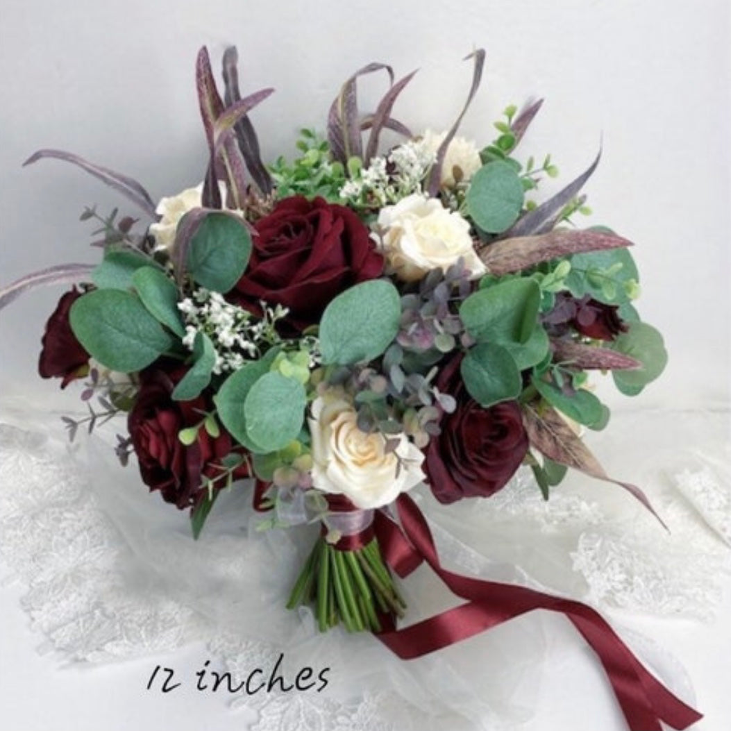 Wedding Bouquet, Burgundy and Ivory Bouquet, Boho Bouquet, Bridal Bridesmaids Bouquet, Rose and Eucalyptus