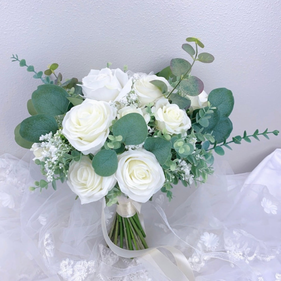 White Greenery Bridesmaids Bouquet, White Rose, Eucalyptus, Garden Wedding, Beach Wedding, Spring Wedding