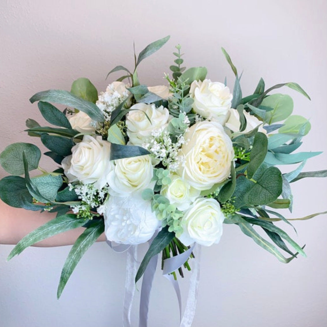 White Peonies, White Rose, Cream White Greenery Wedding Bouquet, Bridesmaids Bouquet, Eucalyptus Bouquet